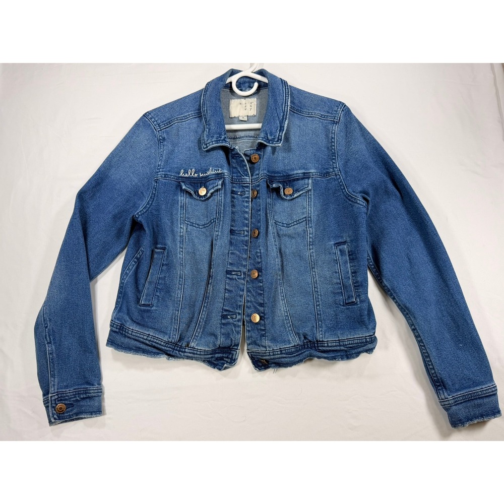 A New Day Denim Jacket‎ Womens M Blue Hello Sunshine Embroidered Raw Hem